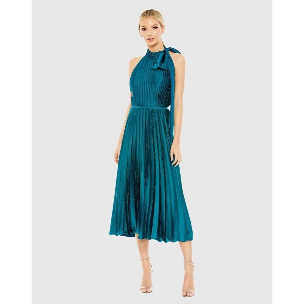 Mac Duggal 26909 Pleated High Neck Kitten Bow Midi Dress